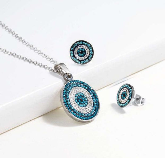 Evil Eye Necklace in Stainless Steel, Perfect Gift for Her, Protection Charm, Silver Necklace, Earring Set